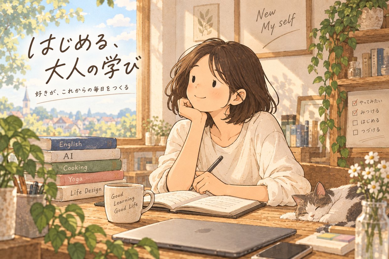 はじめる、大人の学び ― 好きが、これからの毎日をつくる。本とノートに囲まれ、窓辺でほほえむ女性のイラスト